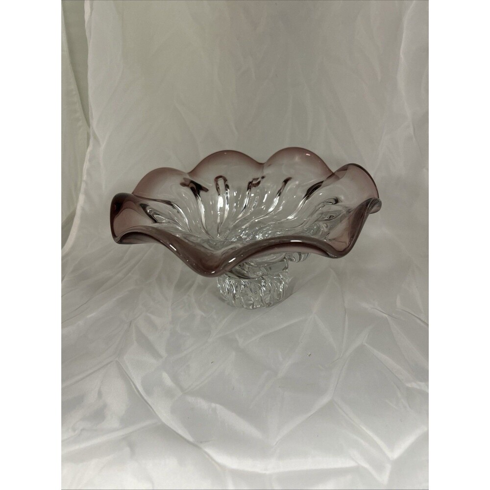Vintage Art Glass Ruffled Bowl Purple Amethyst Pedestal Murano Style